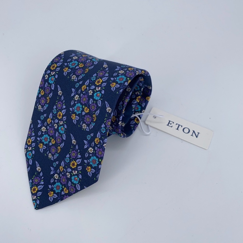 Eton Tie Mens One Size Navy Floral Silk Classic‎ Luxury Necktie Italy Made NWT